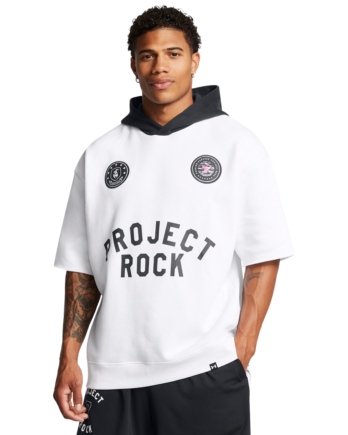 Men's Project Rock Icon Fleece Badge Of Honor Short Sleeve Hoodie