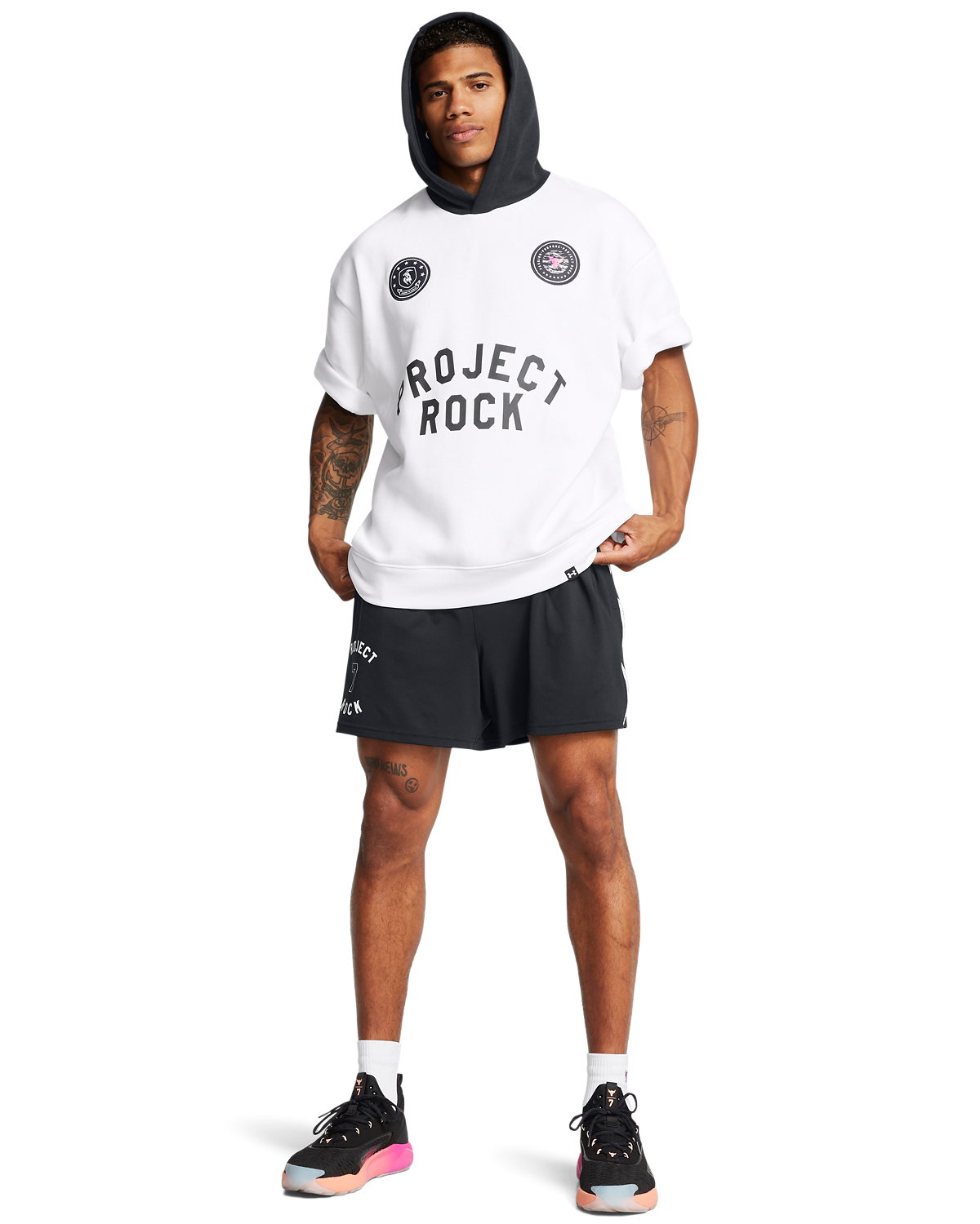 Men's Project Rock Icon Fleece Badge Of Honor Short Sleeve Hoodie